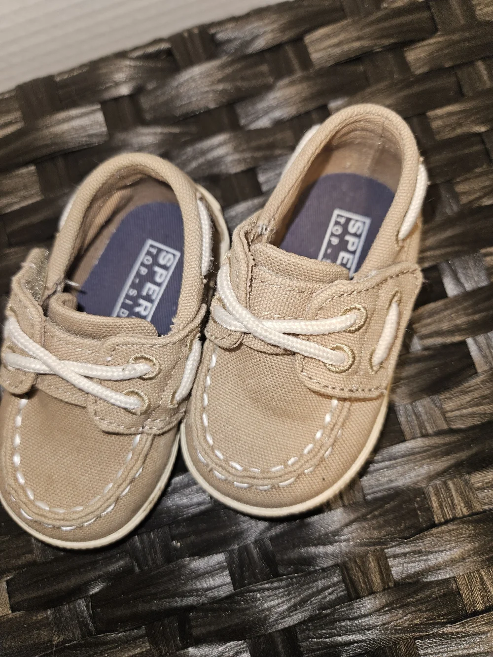Sperry Tan Canvas Baby Boat Shoes with White Laces